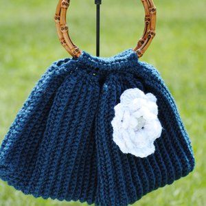 Crochet Blue Purse with White Flower